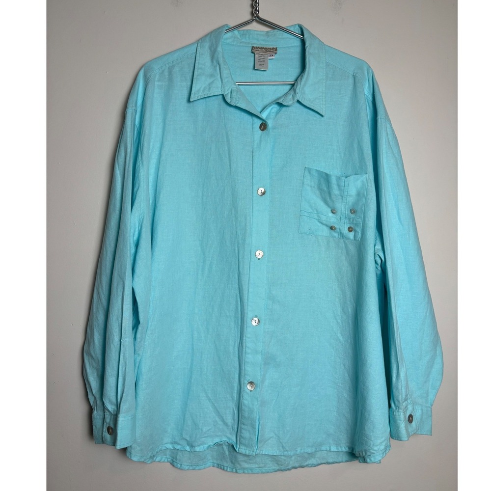 Coldwater Creek Womens Linen Cotton Shirt 3X Button Up Long Sleeve Light Coastal